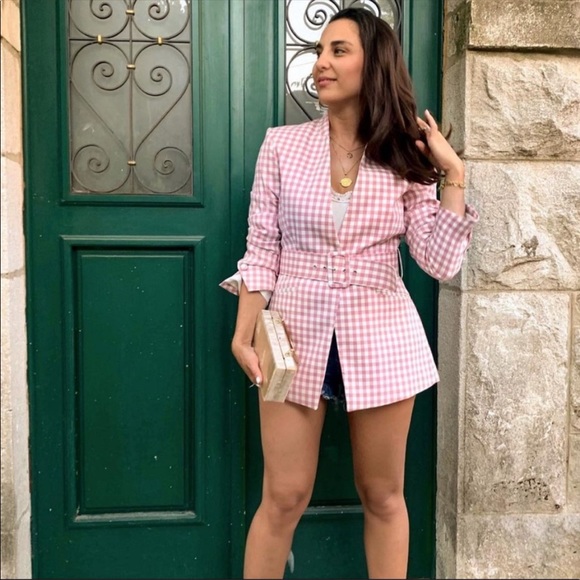 NWOT Zara Pink Gingham Blazer Sz M - Picture 2 of 11